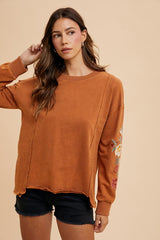 Annie Wear Embroidered Long Sleeve French Terry Top Terracotta OutfitFlow