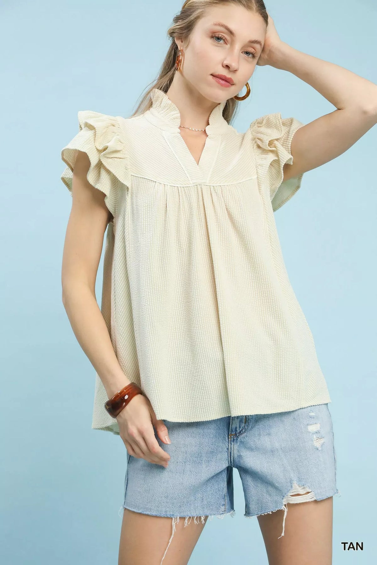 Umgee Ruffled Sleeve Textured Blouse TAN Trendsi