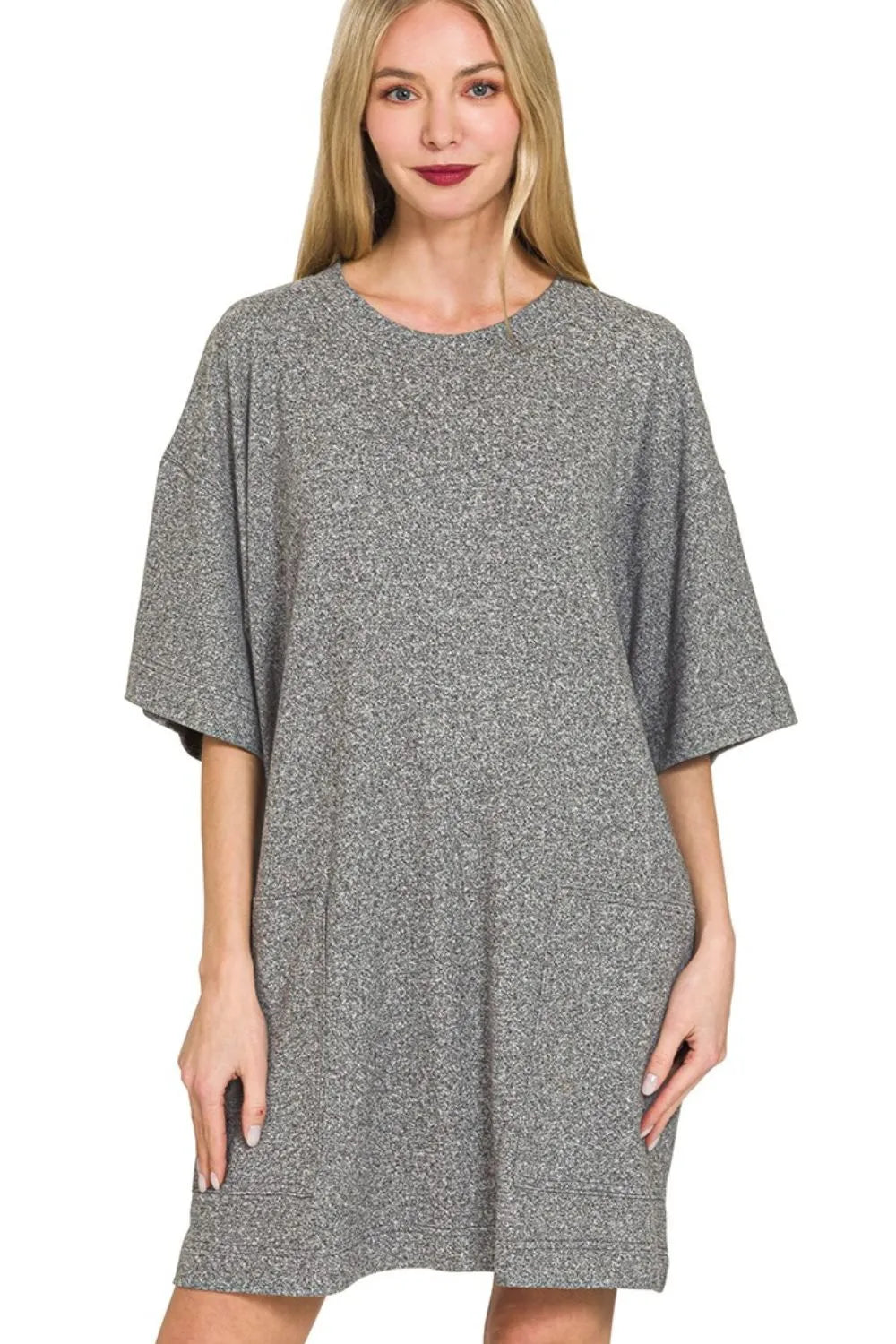 Zenana Soft Melange Hacci T-shirts Dress BLACK OutfitFlow