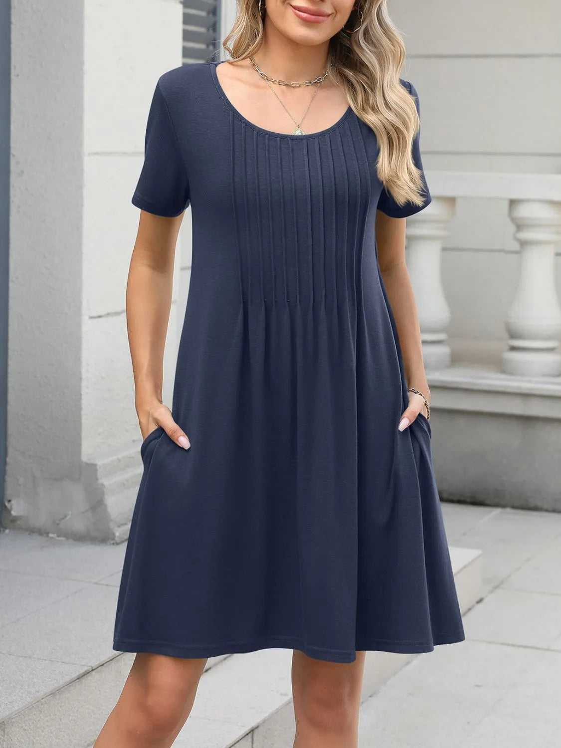 Pleated Front Round Neck Swing Dress Dark Blue OutfitFlow