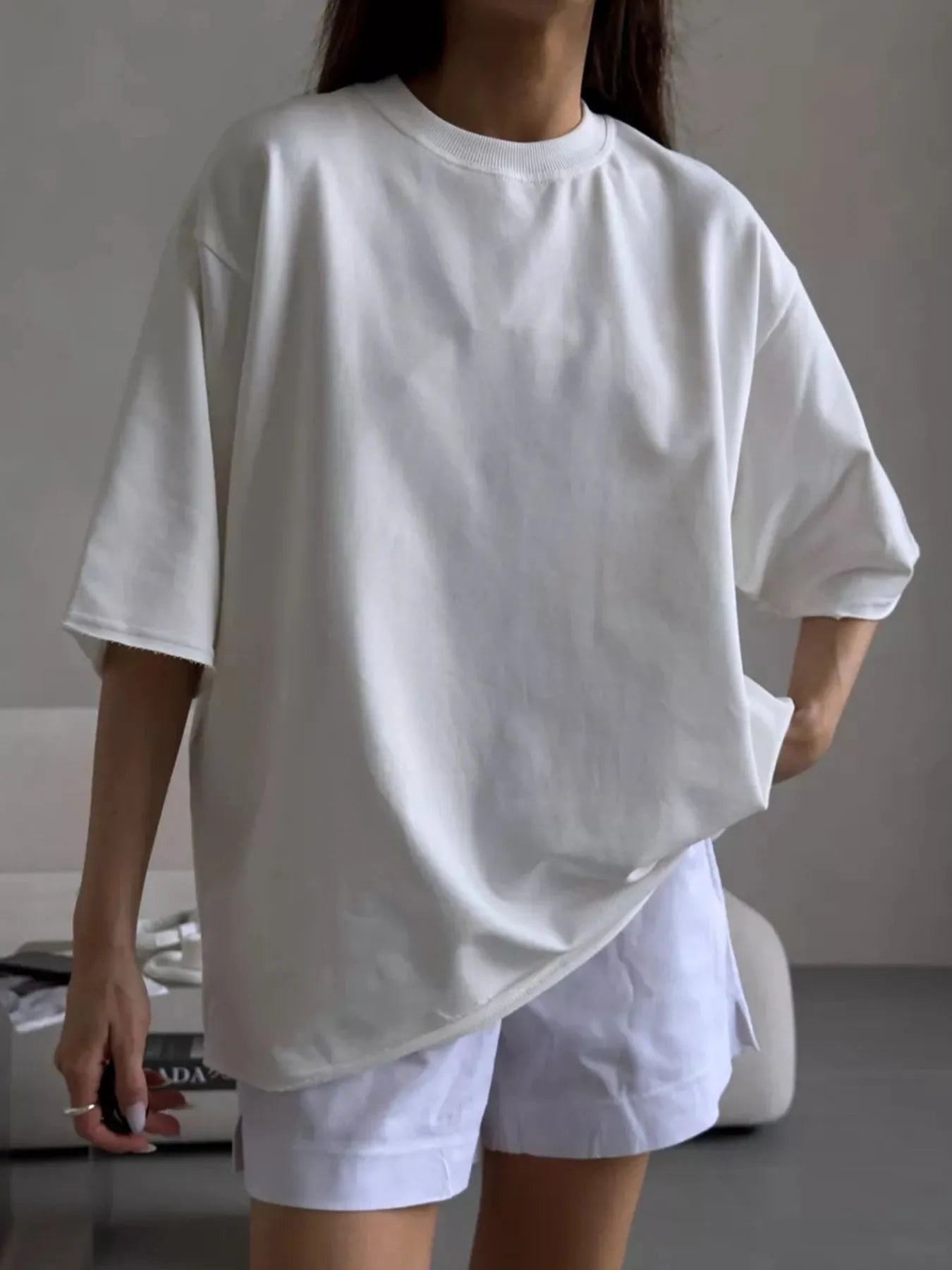Round Neck Half Sleeve Oversized T-Shirt White OutfitFlow