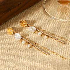 18K Gold-Plated Zircon Pearl Chain Earrings OutfitFlow