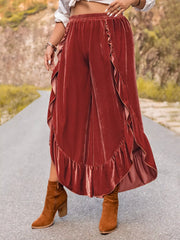 Plus Size Velvet Ruffle Hem Wide Leg Pants OutfitFlow