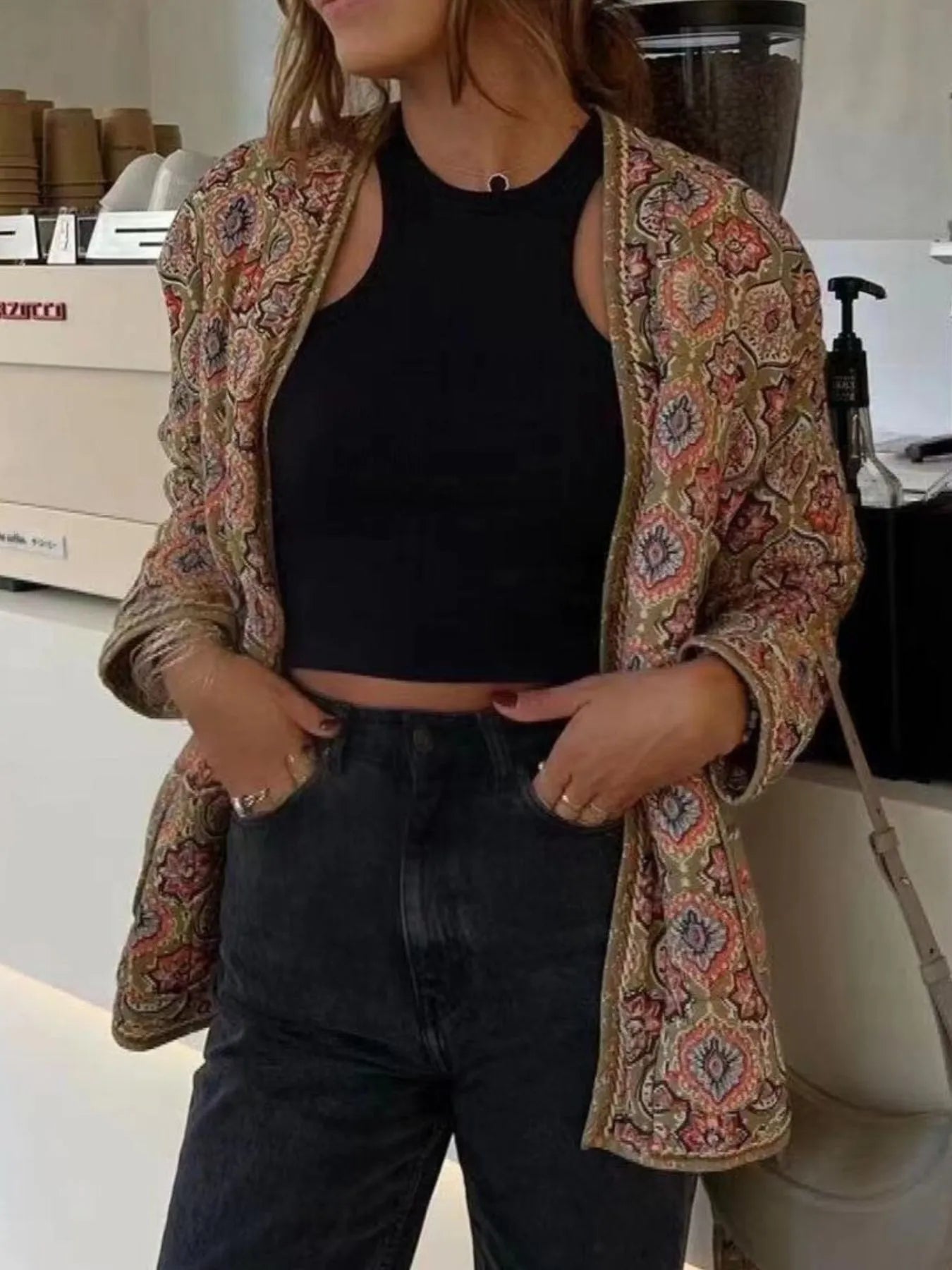 Belted Open Front Floral Winter Coat Trendsi