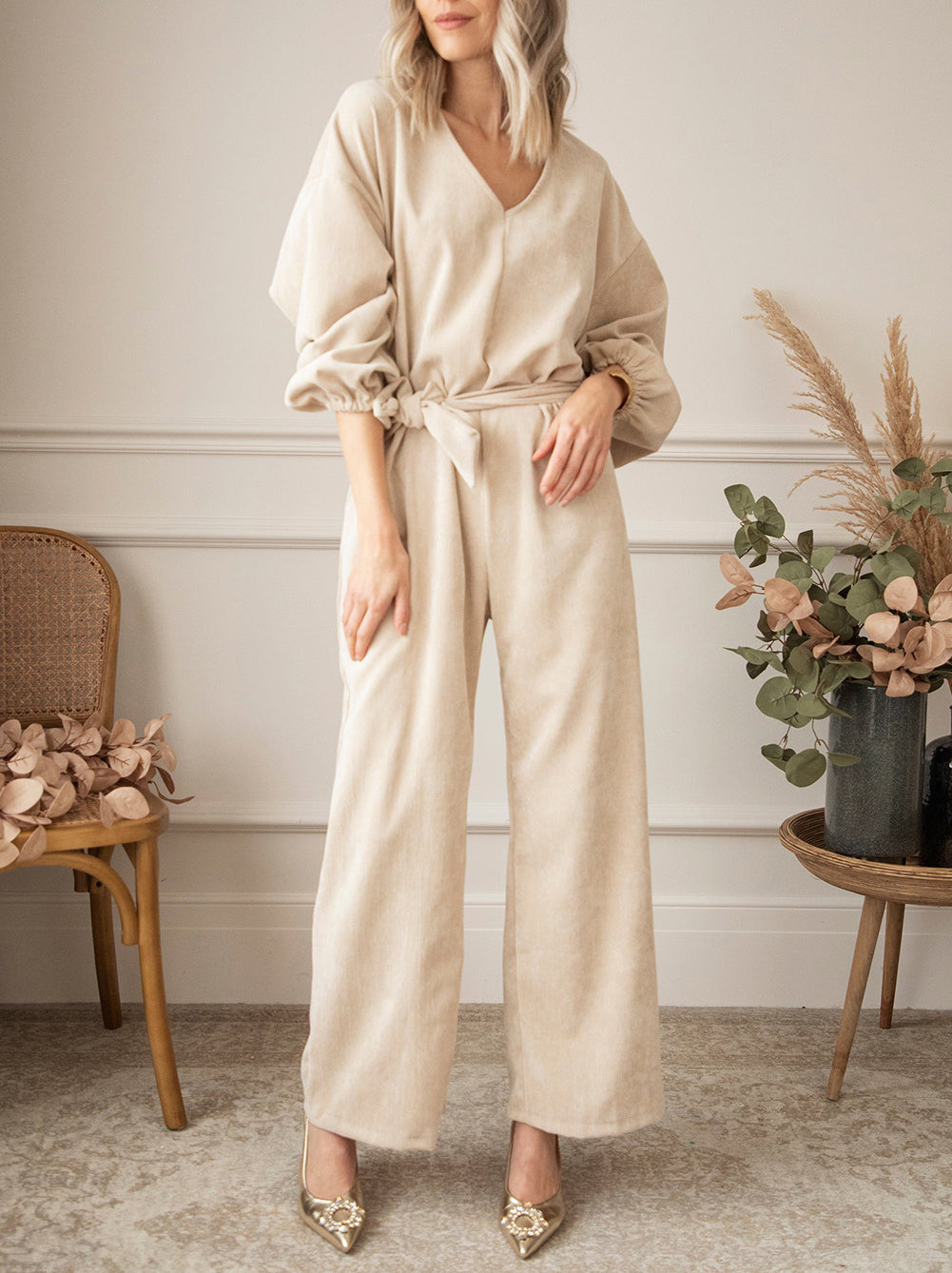 Outfit Flow - V-Neck Tie Waist Wide Leg Jumpsuit