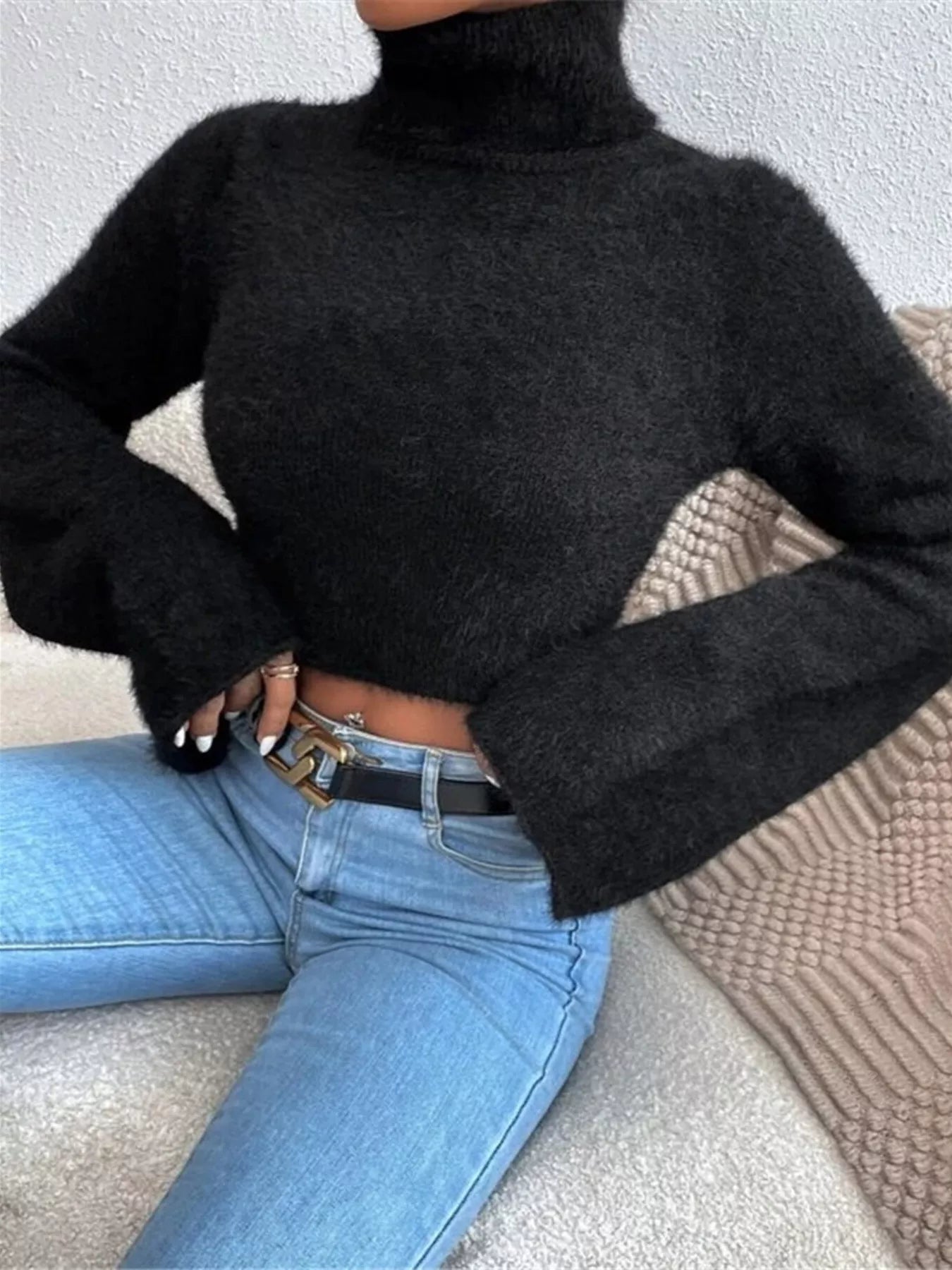 Turtleneck Flare Sleeve Sweater Black OutfitFlow