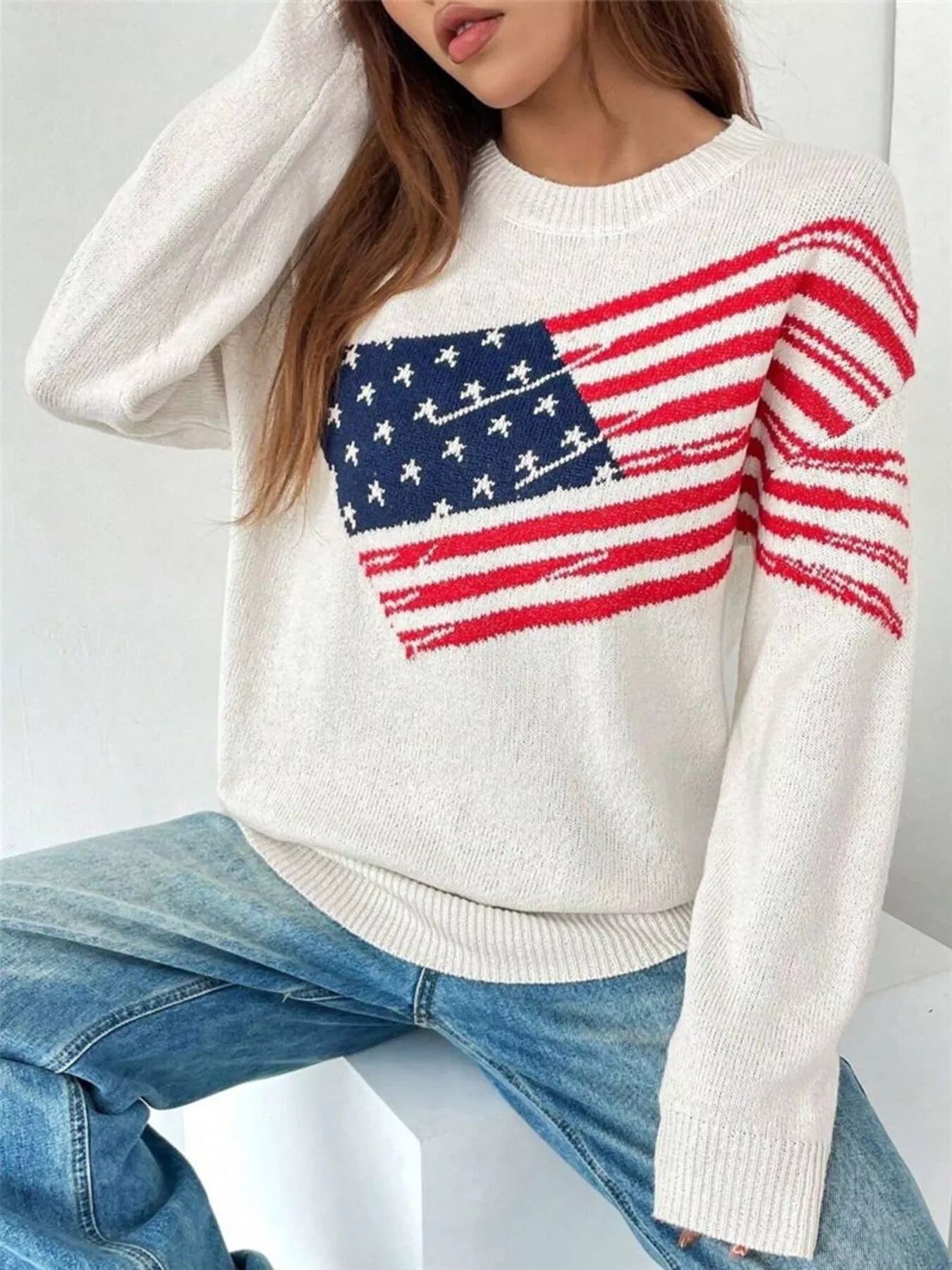 US Flag Round Neck Long Sleeve Sweater OutfitFlow