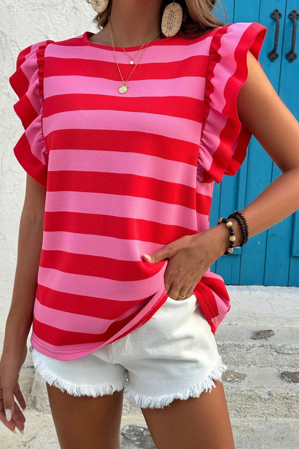Striped Ruffle Sleeve Summer T-Shirt OutfitFlow