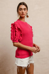 BiBi Ruffle Sleeve Ribbed Sweater OutfitFlow