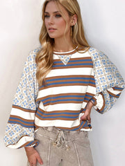 Outfit Flow - Flower & Striped Print Round Neck Sweatshirt