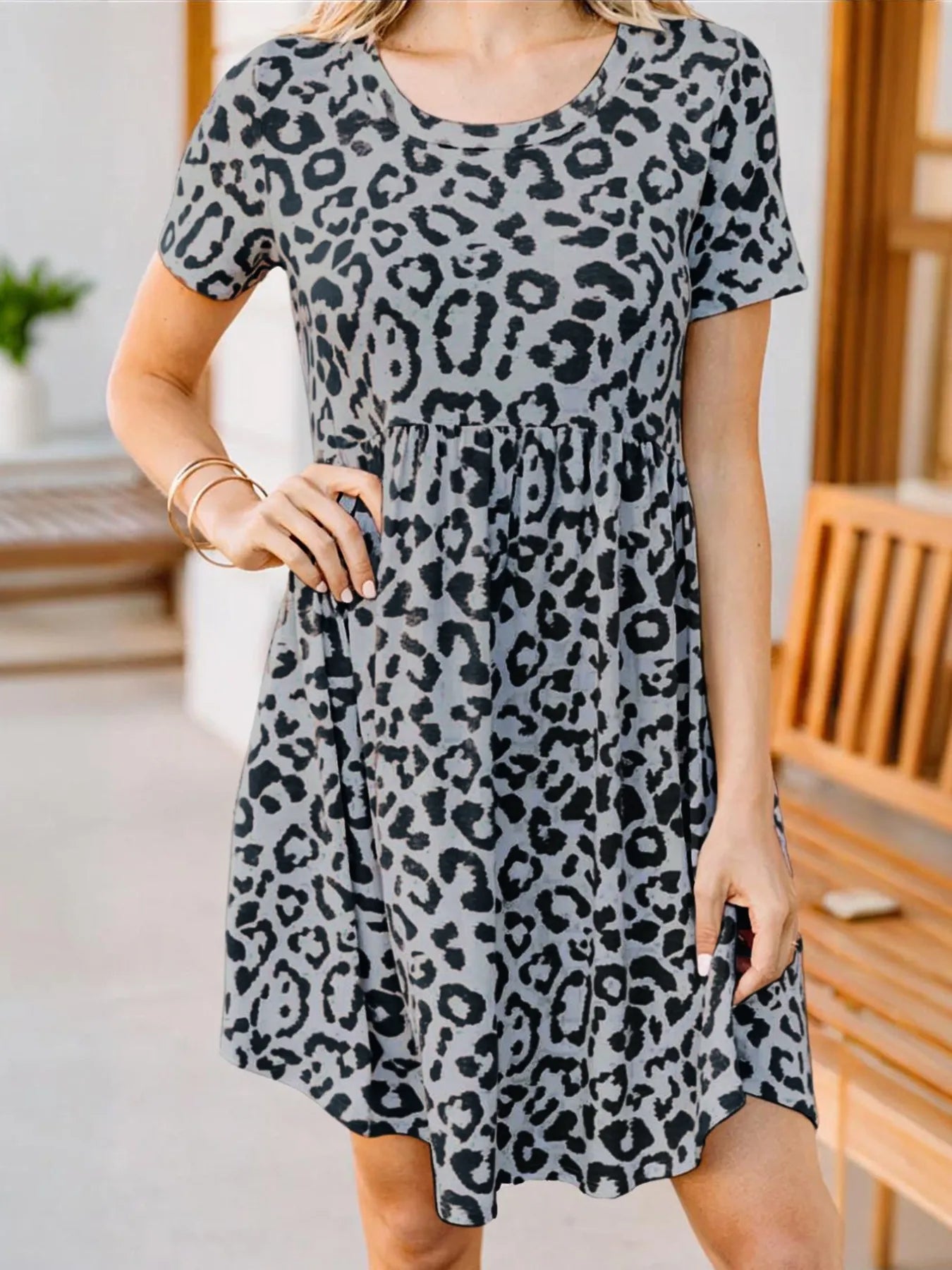 Leopard Print Short Sleeve Casual Dress Dark Gray OutfitFlow