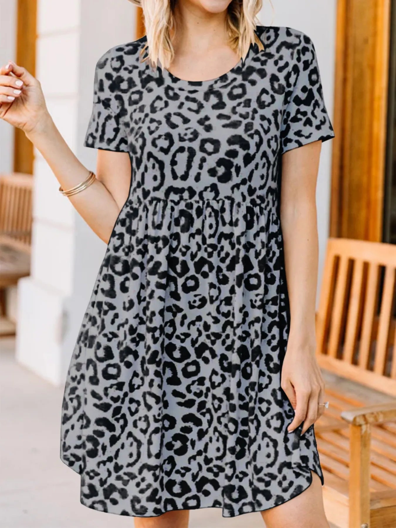 Leopard Print Short Sleeve Casual Dress OutfitFlow
