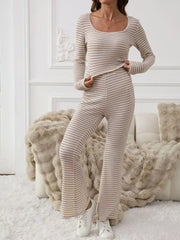 Striped Knit Long Sleeve Top & Flare Leg Pants Set OutfitFlow