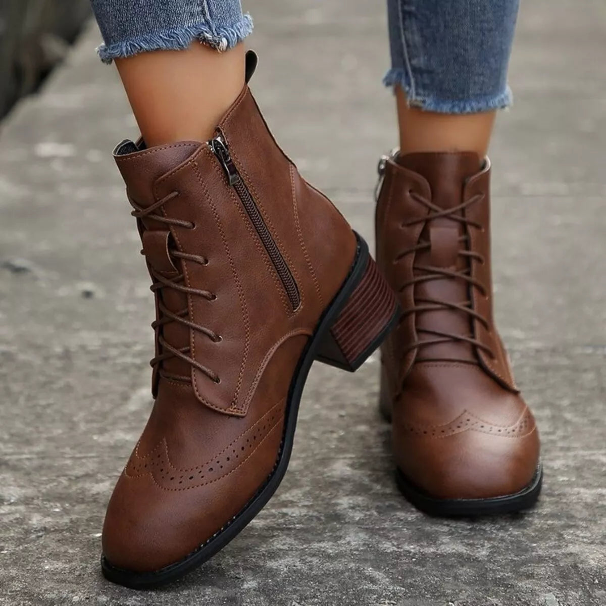 Lace-Up Ankle Boots with Zipper Trendsi