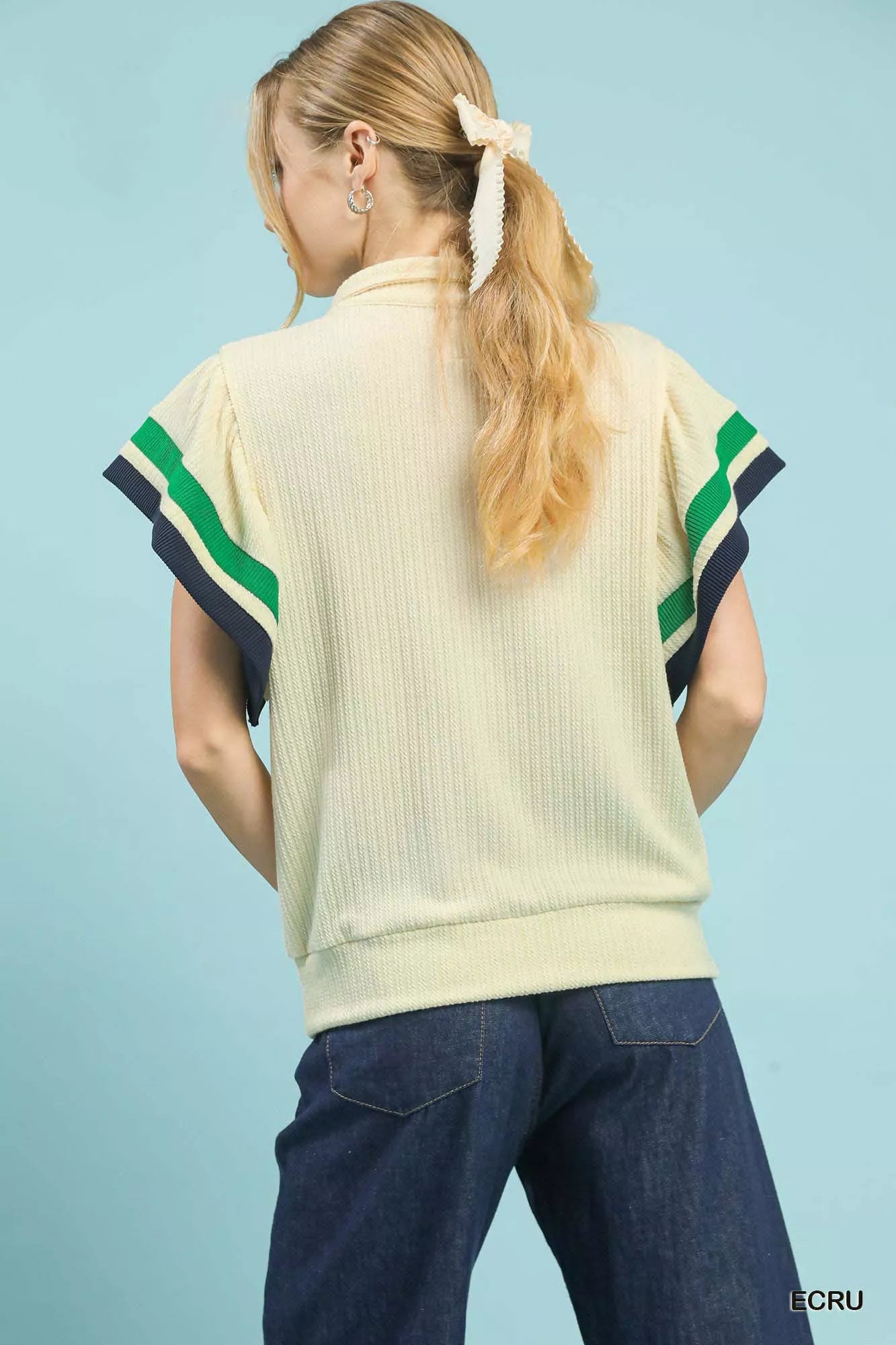 Umgee Textured Half Zip Top with Striped Flutter Sleeves OutfitFlow
