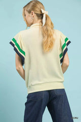 Umgee Textured Half Zip Top with Striped Flutter Sleeves OutfitFlow