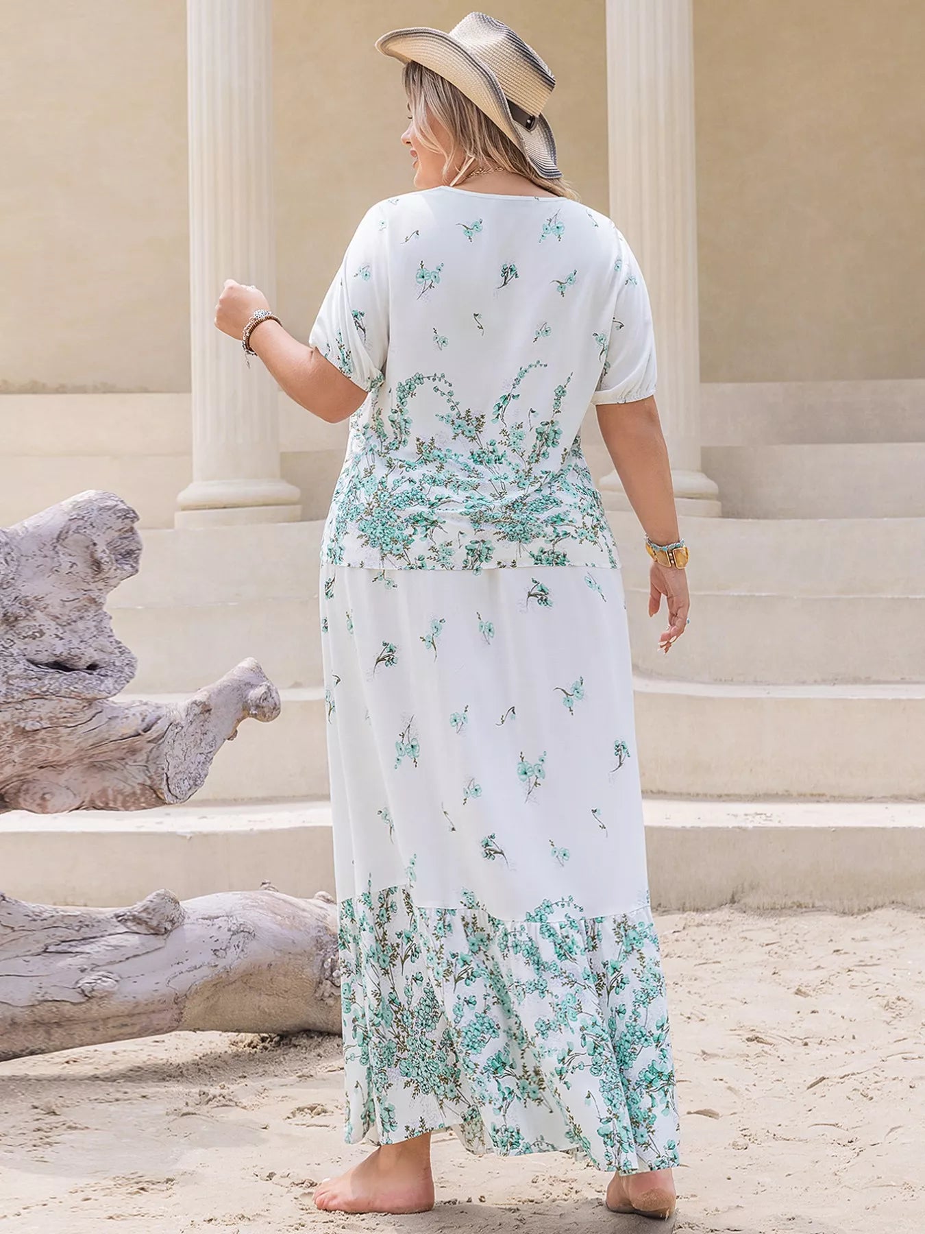 Plus Size Printed Lace Detail Short Sleeve Top and Skirt Set OutfitFlow