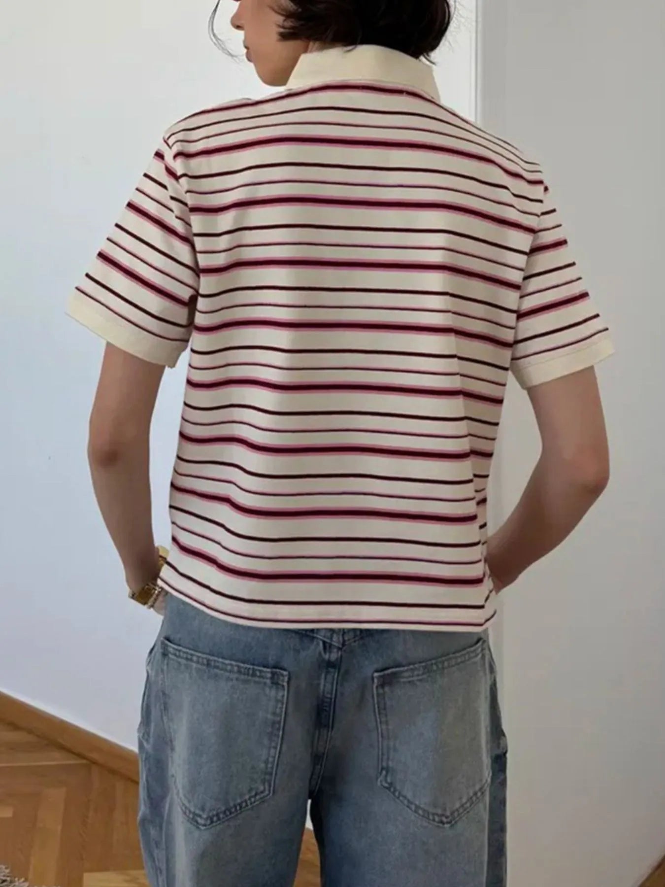 Striped Polo T-Shirt with Contrast Collar OutfitFlow
