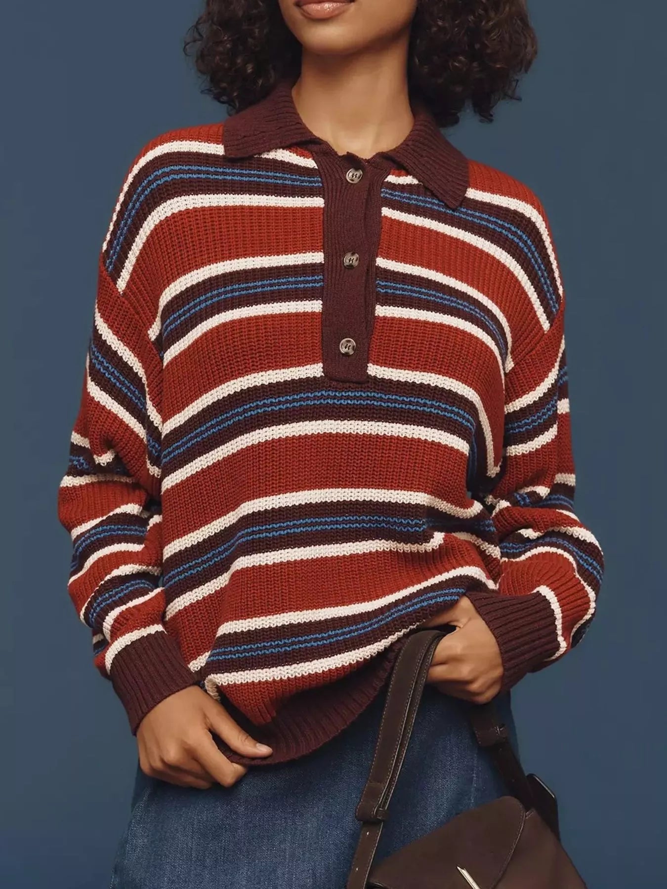 Striped Button Detail Polo Collar Sweater OutfitFlow