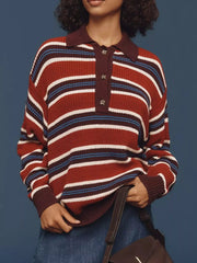 Striped Button Detail Polo Collar Sweater OutfitFlow