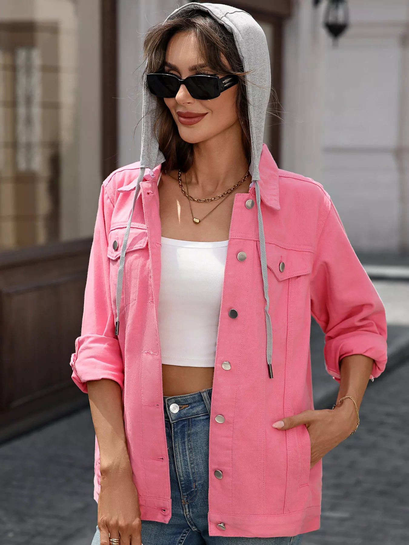 Button Up Long Sleeve Denim Jacket OutfitFlow