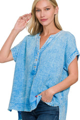 Zenana Washed Double Gauze 3/4 Button Henley Neck Shirt DEEP SKY OutfitFlow
