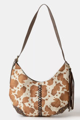 Fame Cow Print Hobo Shoulder Bag with Studded Details OutfitFlow