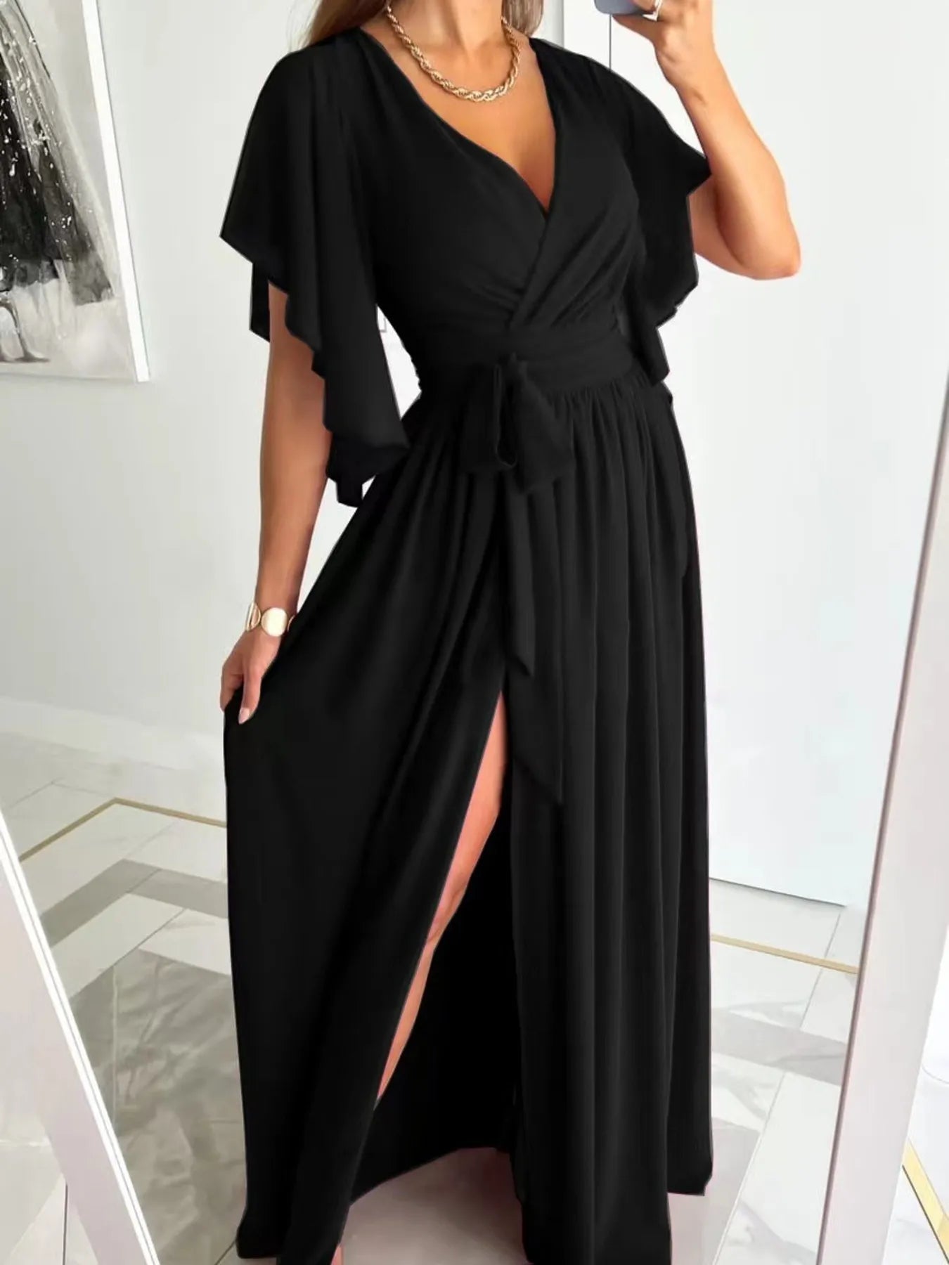 Flutter Sleeve Surplice Tie Waist Dress Black OutfitFlow