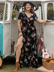 Plus Size Button Detail Printed V-Neck Short Sleeve Maxi Dress OutfitFlow