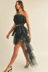 MABLE Tulle Tube Ruffle Crop Top and High Low Maxi Skirt Set OutfitFlow