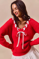 SO ME Satin Tape Braided Ribbon Tie V Neck Sweater OutfitFlow