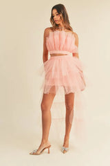 MABLE Tulle Tube Ruffle Crop Top and High Low Maxi Skirt Set Blush OutfitFlow