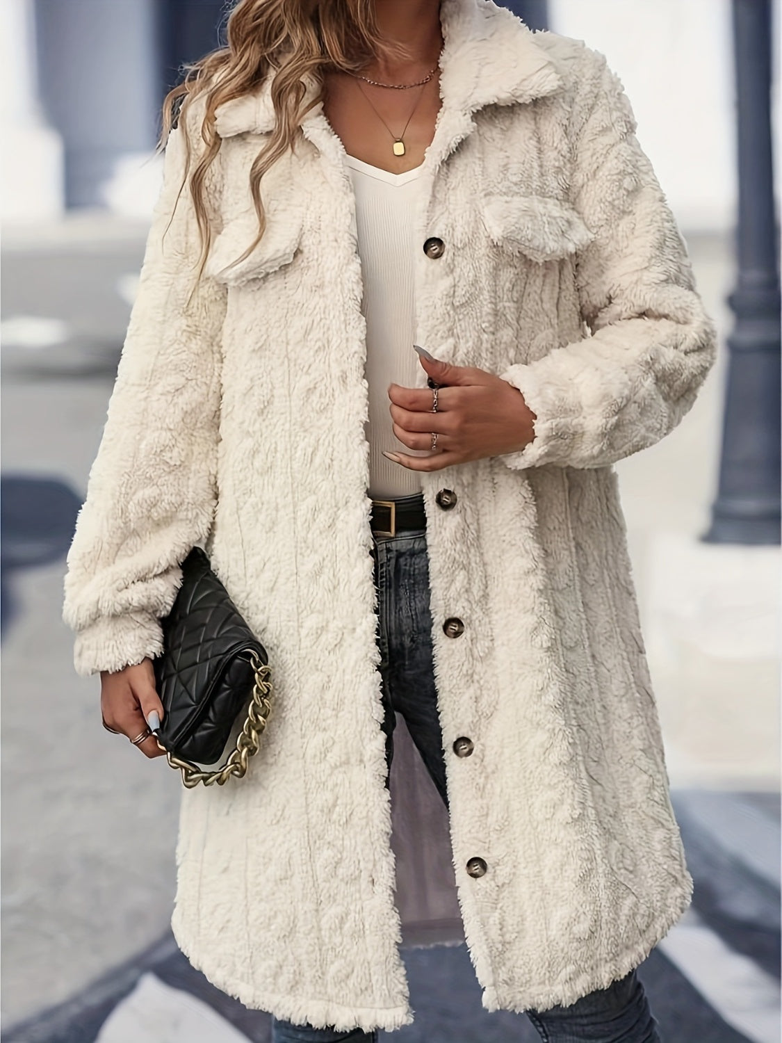 Outfit Flow - Fuzzy Button Up Long Sleeve Longline Coat