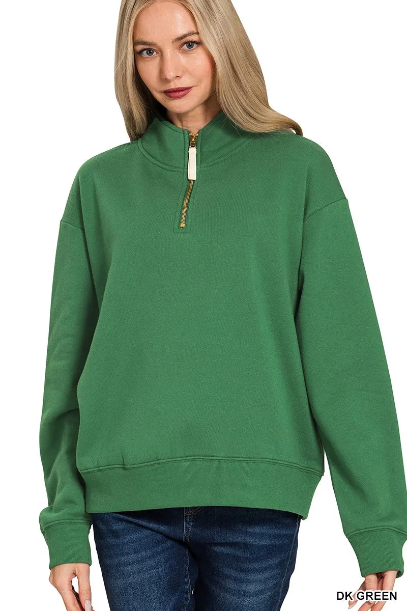 Zenana Fleece Half Zip Sweatshirt DK GREEN Trendsi