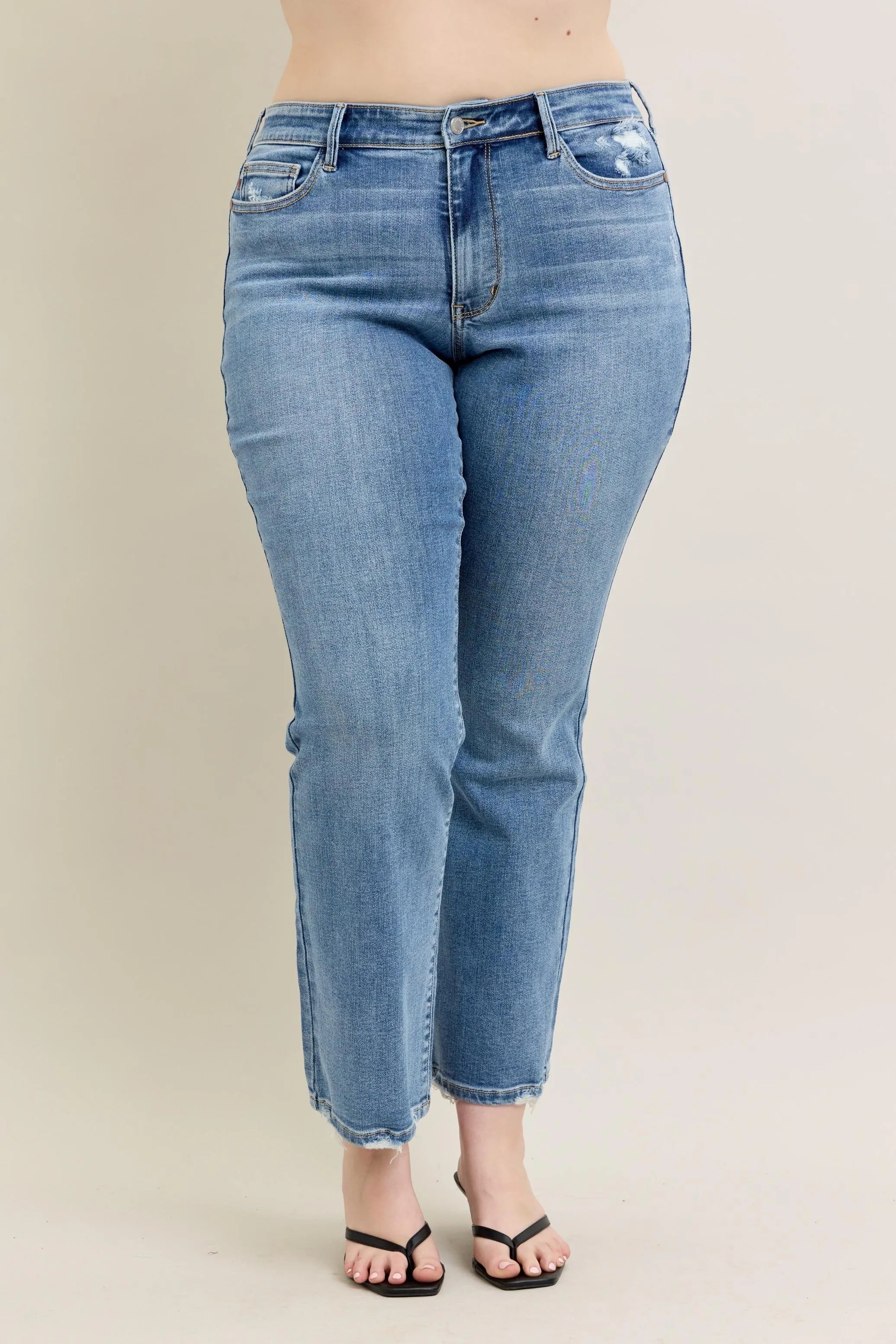 Judy Blue Full Size Mid Rise Wash Destroy Hem Bootcut Jeans Plus Size OutfitFlow