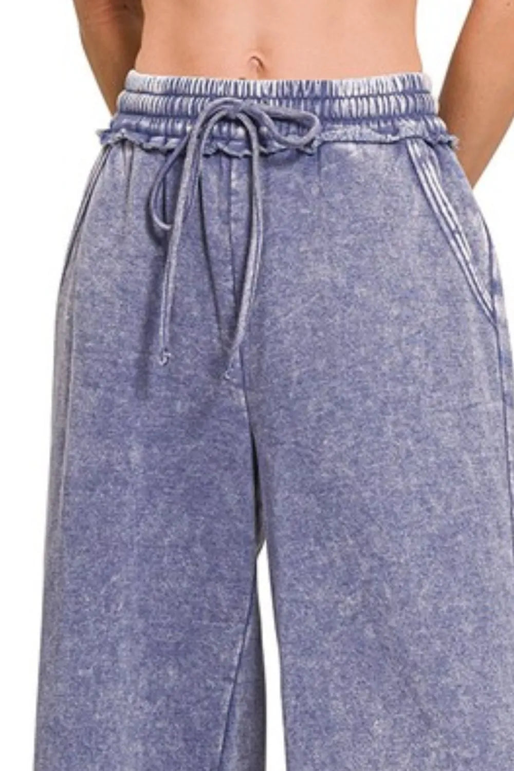 Zenana Acid Wash Fleece Palazzo Sweatpants with Pockets OutfitFlow