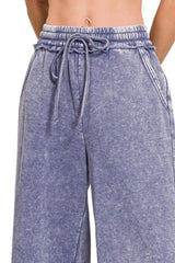 Zenana Acid Wash Fleece Palazzo Sweatpants with Pockets OutfitFlow