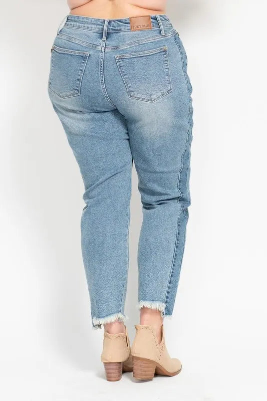 Judy Blue Full Size Vintage Wash Side Panel Detail with Fray Hem Slim Plus Size OutfitFlow