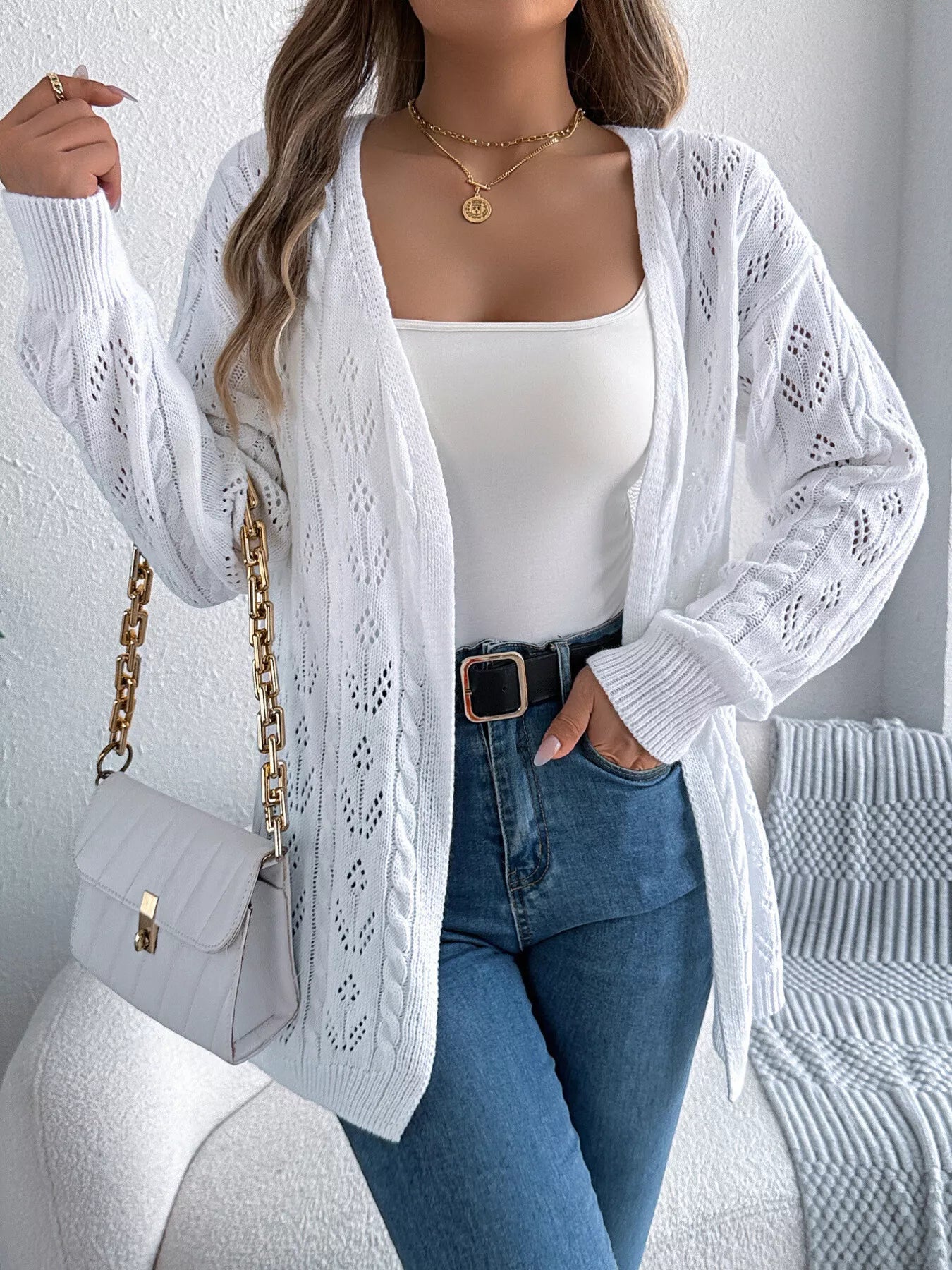 Openwork Open Front Long Sleeve Cardigan OutfitFlow