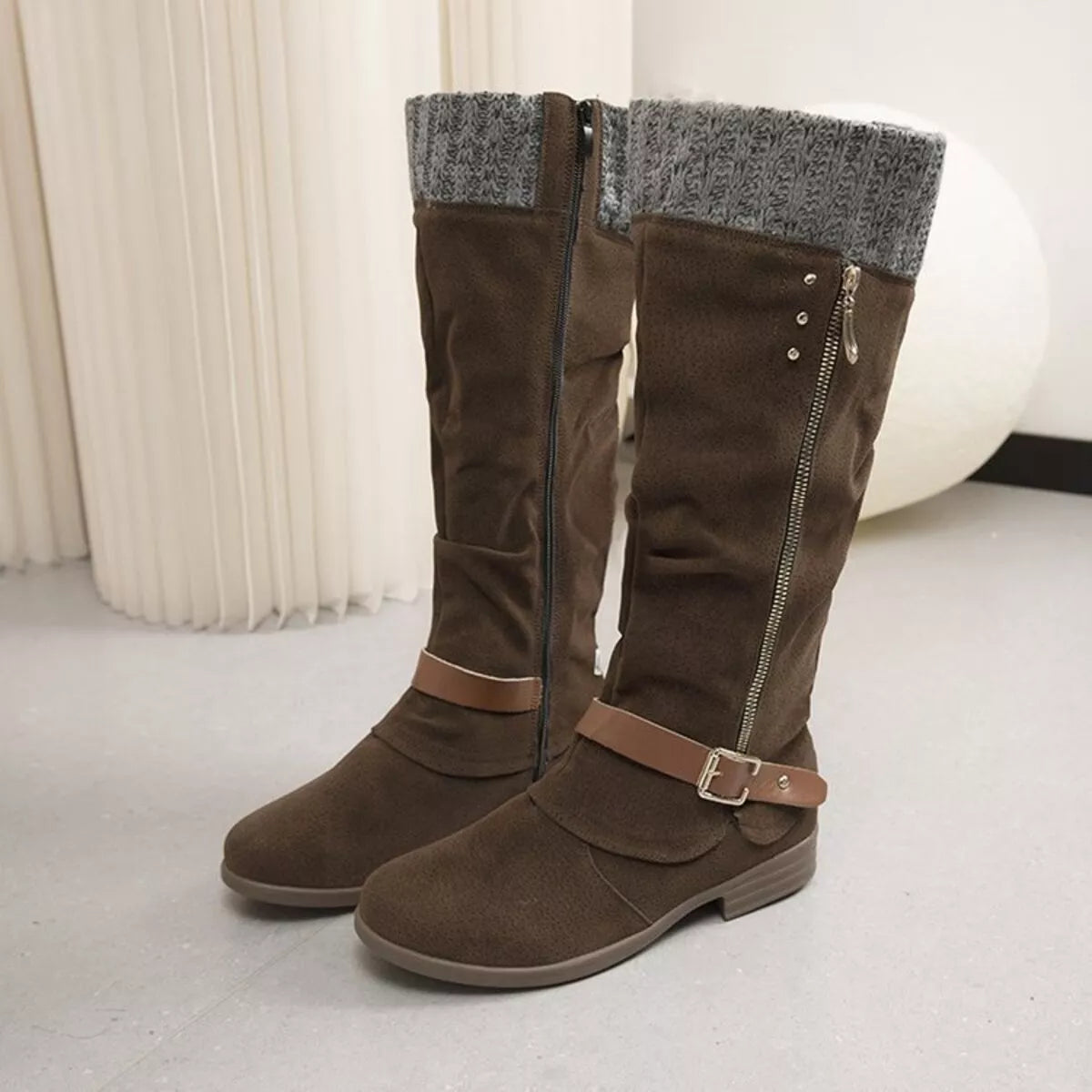 Knee High Slouch Boots with Knit Cuff Brown OutfitFlow