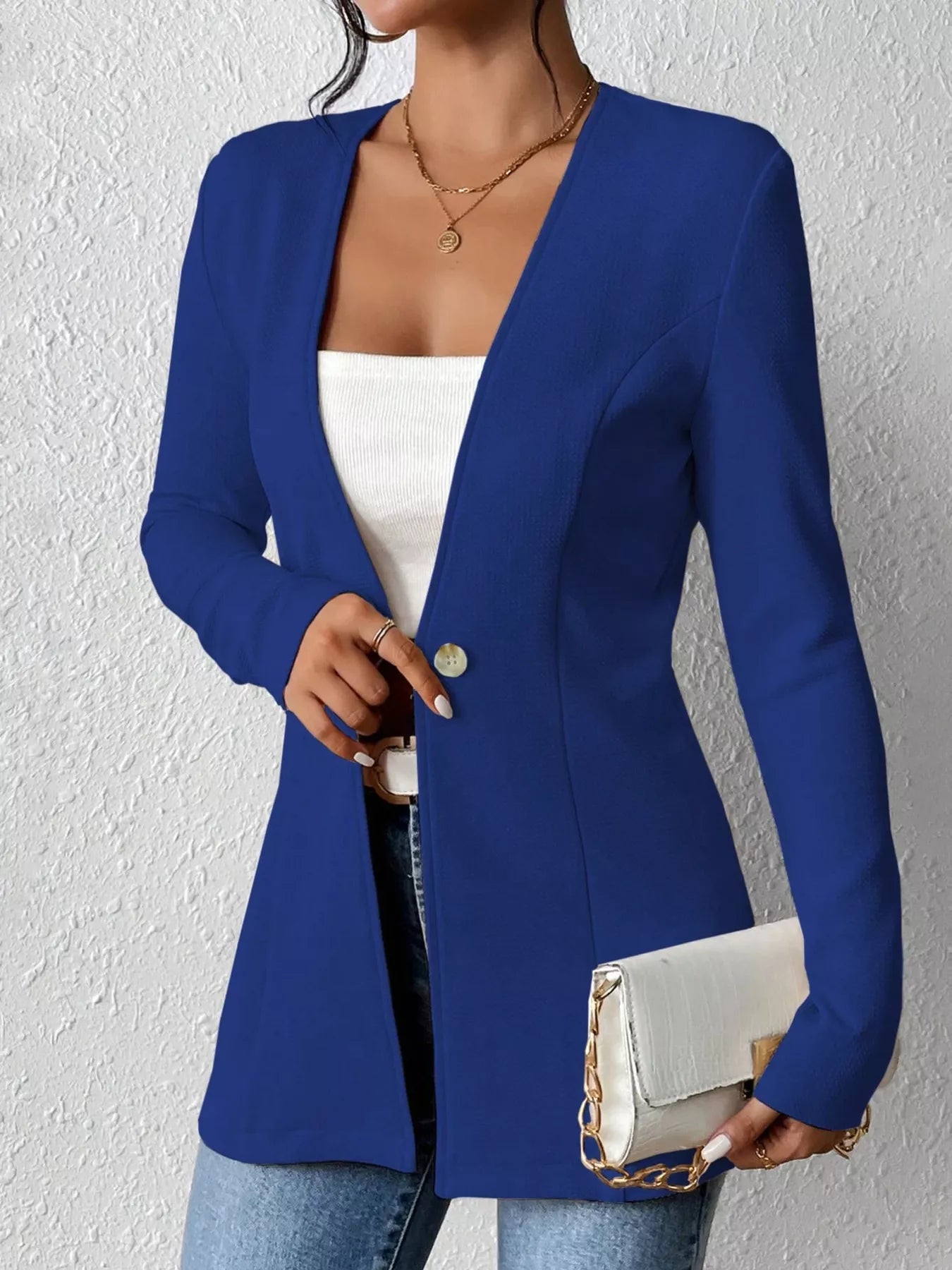 One Button Long Sleeve Blazer Blue OutfitFlow