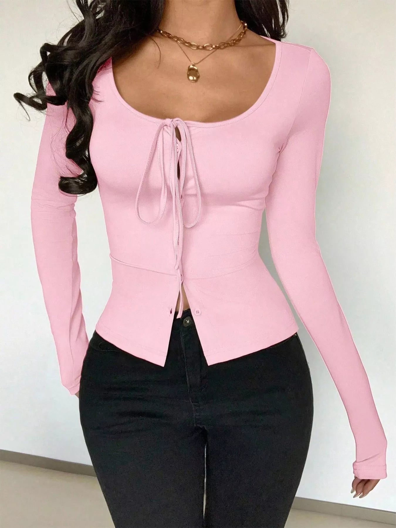 Long Sleeve Scoop Neck Tie Front T-Shirt OutfitFlow