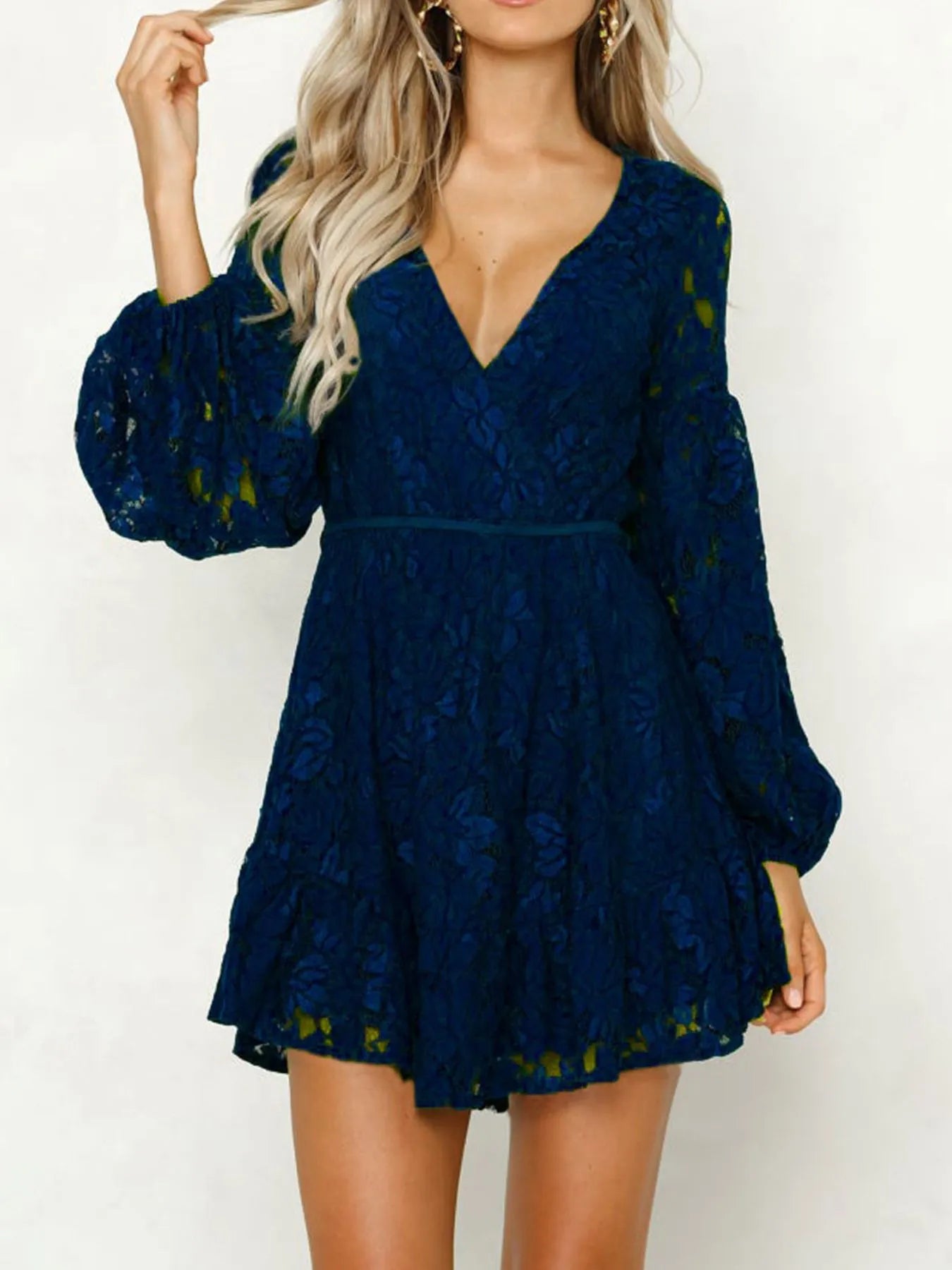 Lace V-Neck Long Sleeve Mini Dress Dark Blue OutfitFlow
