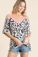 BiBi Leopard Print Top with Shoulder Cut Out NEON PINK OutfitFlow
