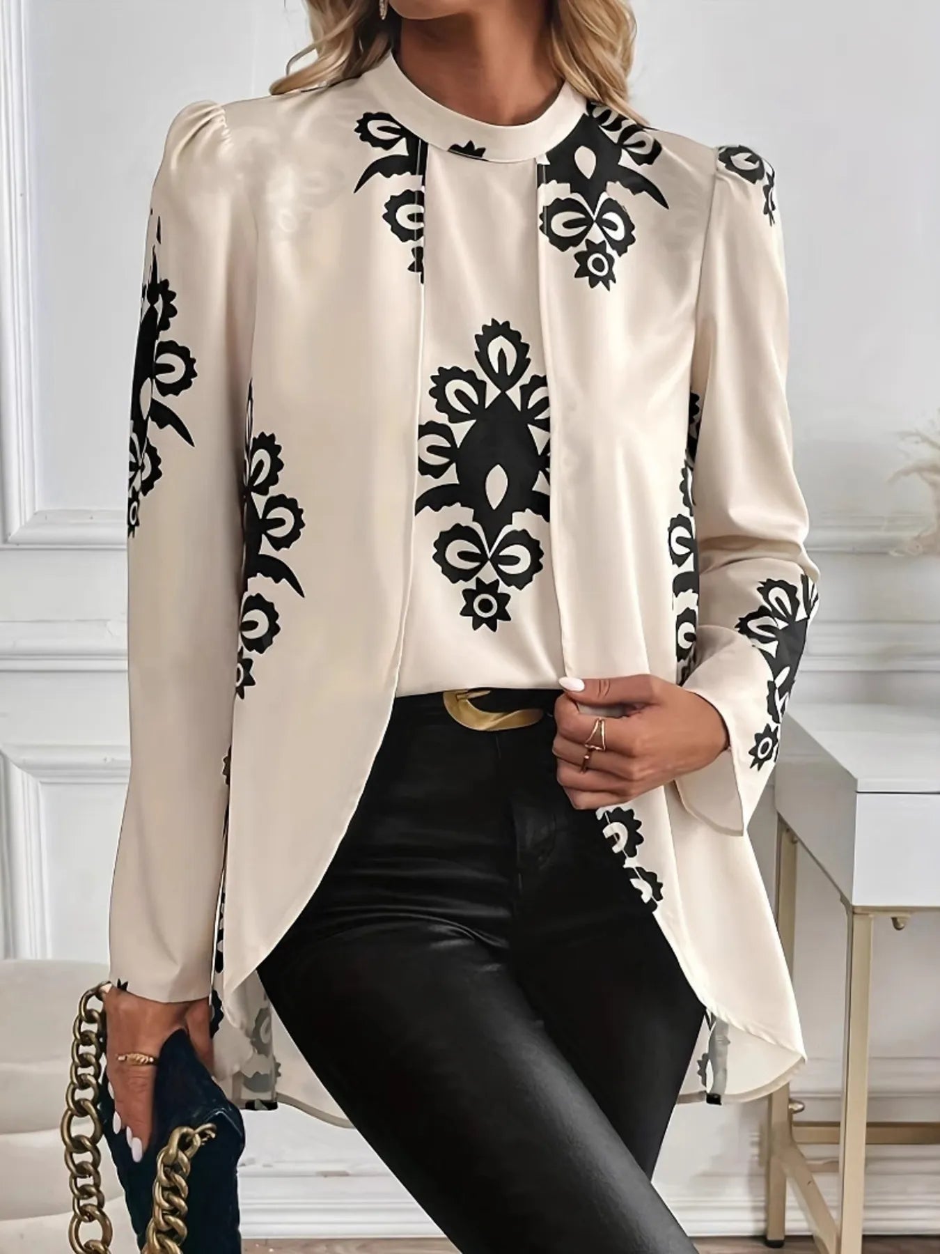 Printed Long Sleeve Oversize Blouse OutfitFlow