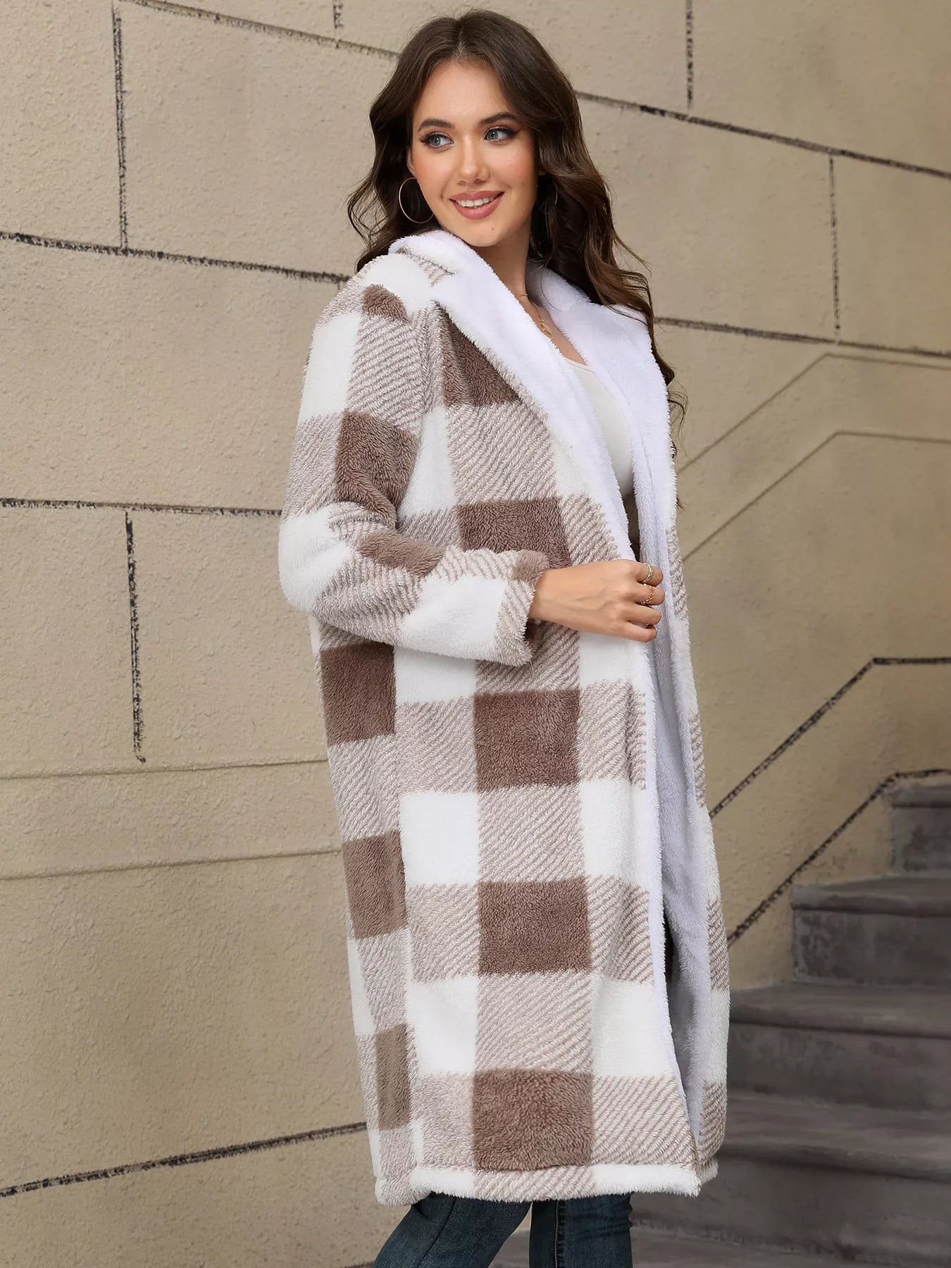Cozy Plaid Fleece Longline Winter Coat OutfitFlow
