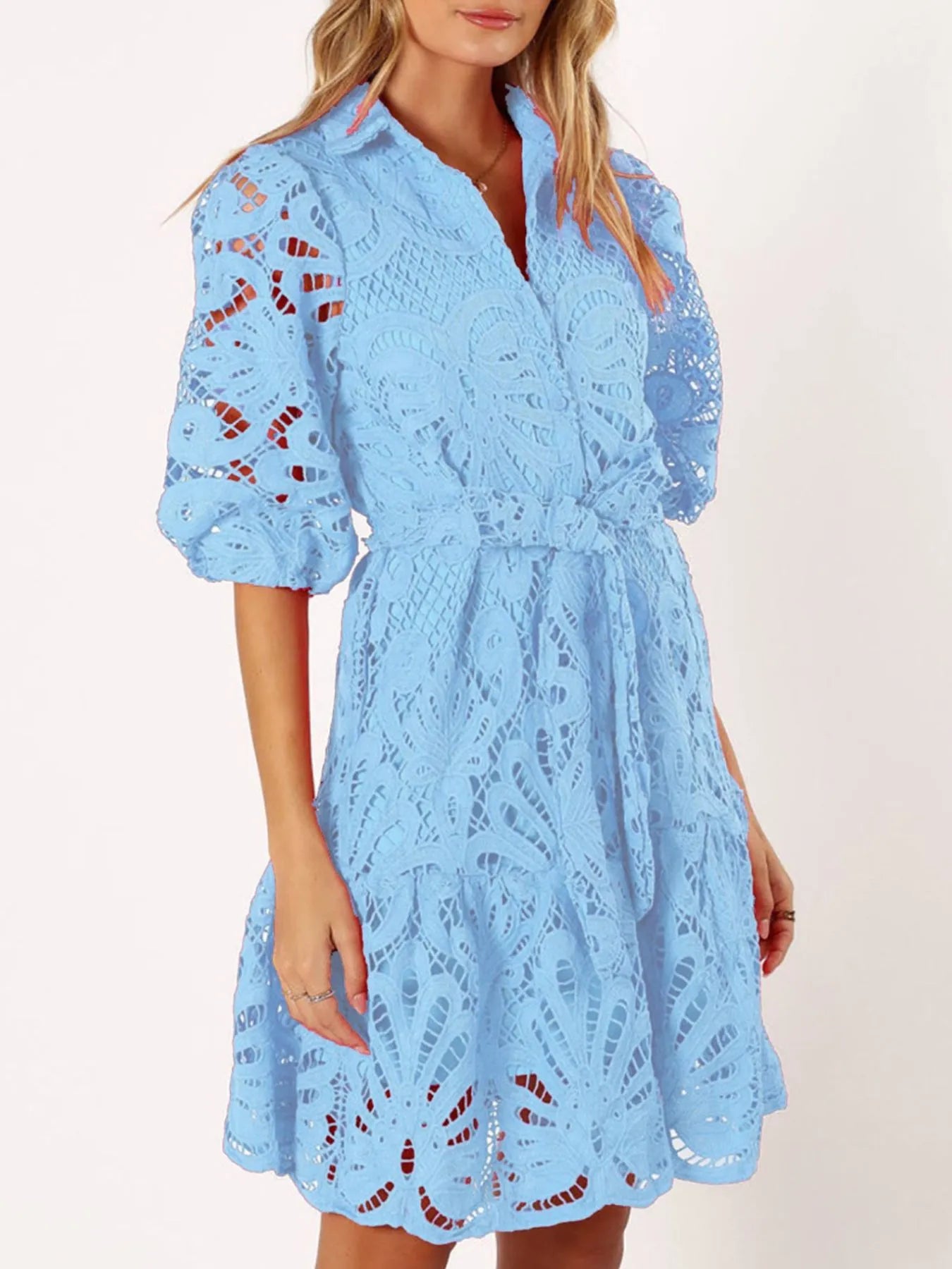 Lace Tie Waist Half Sleeve Dress OutfitFlow