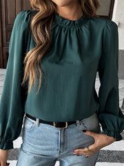 Ruched Round Neck Long Sleeve Blouse OutfitFlow