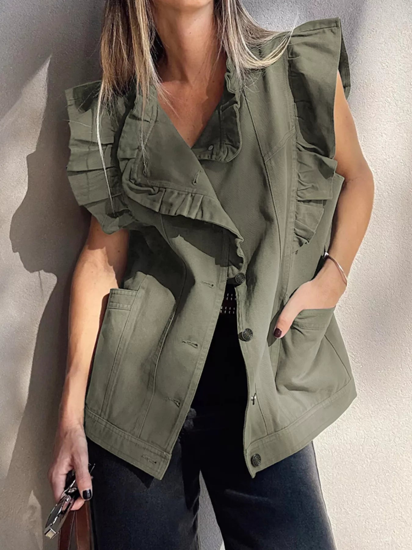 Ruffled Patchwork Denim Jacket Vest OutfitFlow