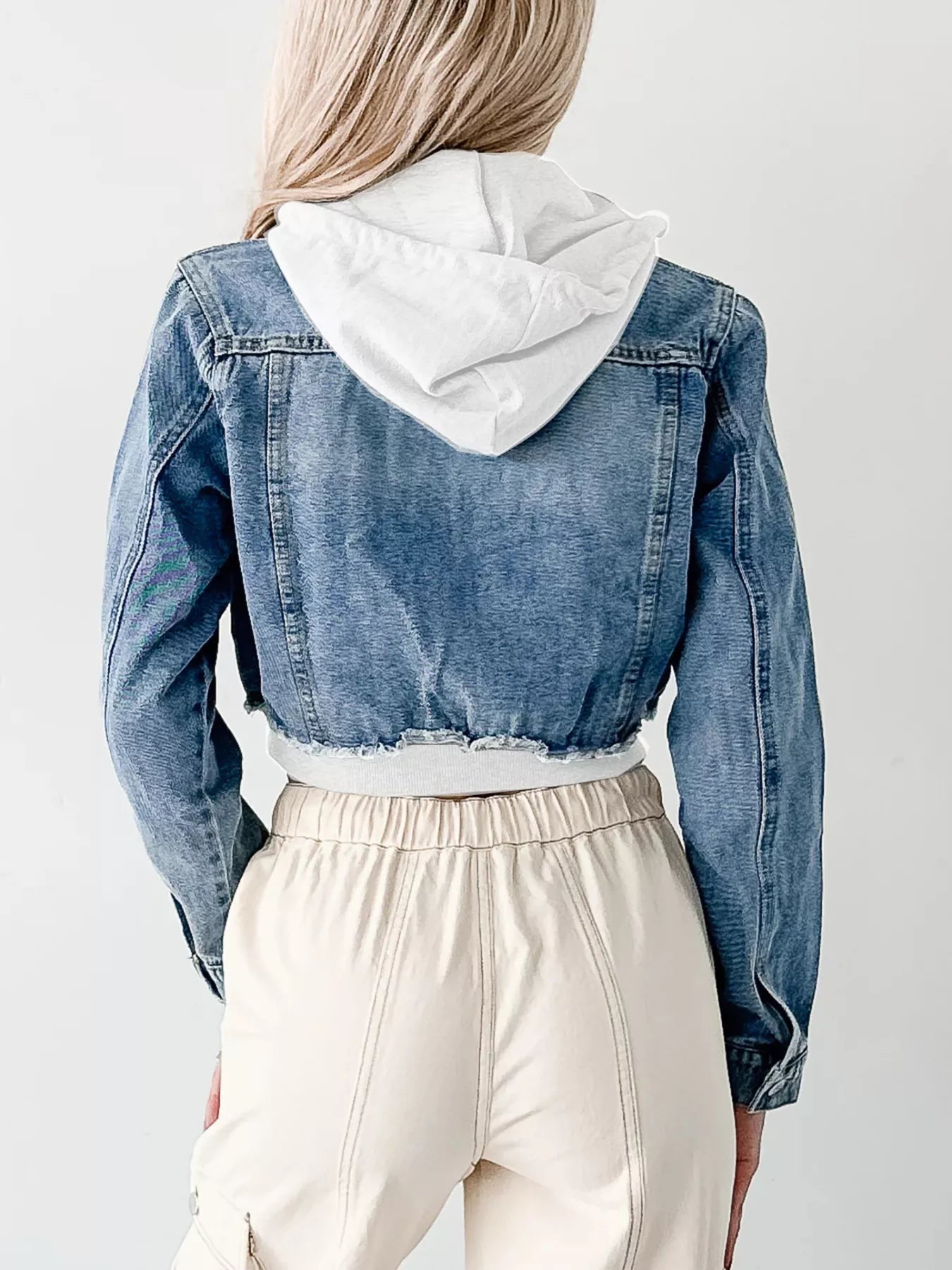 Distressed Zip Up Cropped Hooded Denim Jacket OutfitFlow